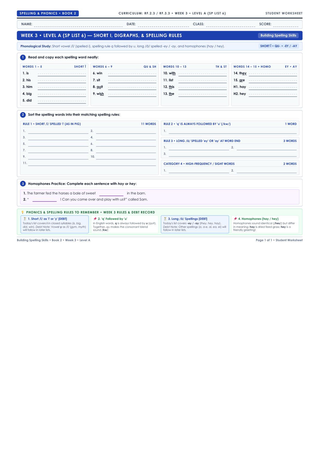 Book 2 Week 3 Level A Worksheet Preview