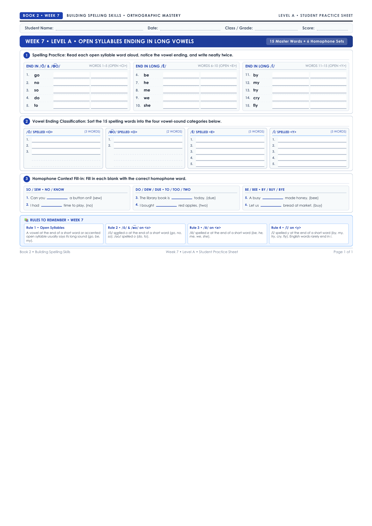 Book 2 Week 7 Level A Worksheet Preview