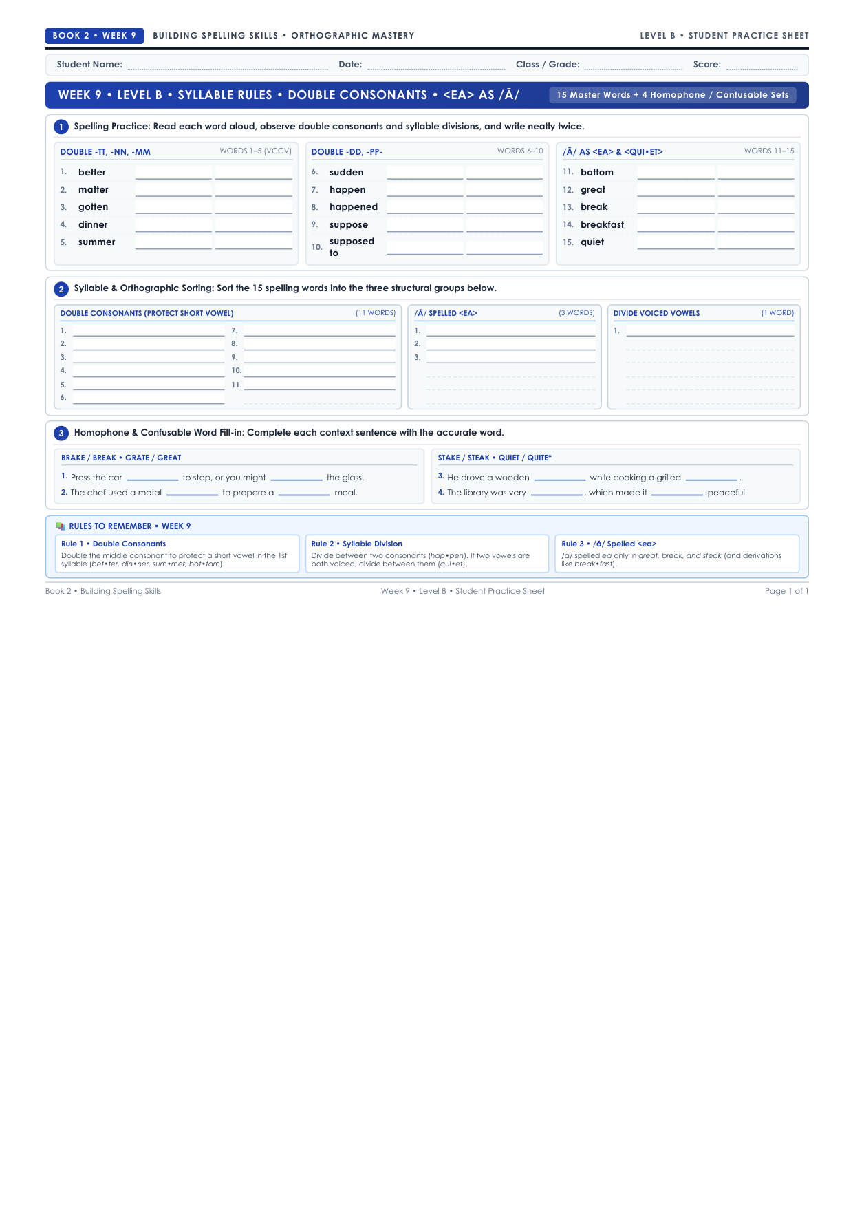 Book 2 Week 9 Level B Worksheet Preview