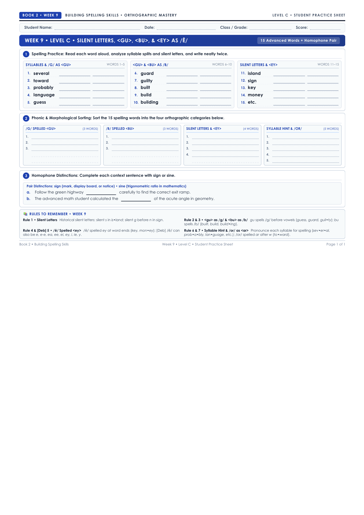 Book 2 Week 9 Level C Worksheet Preview