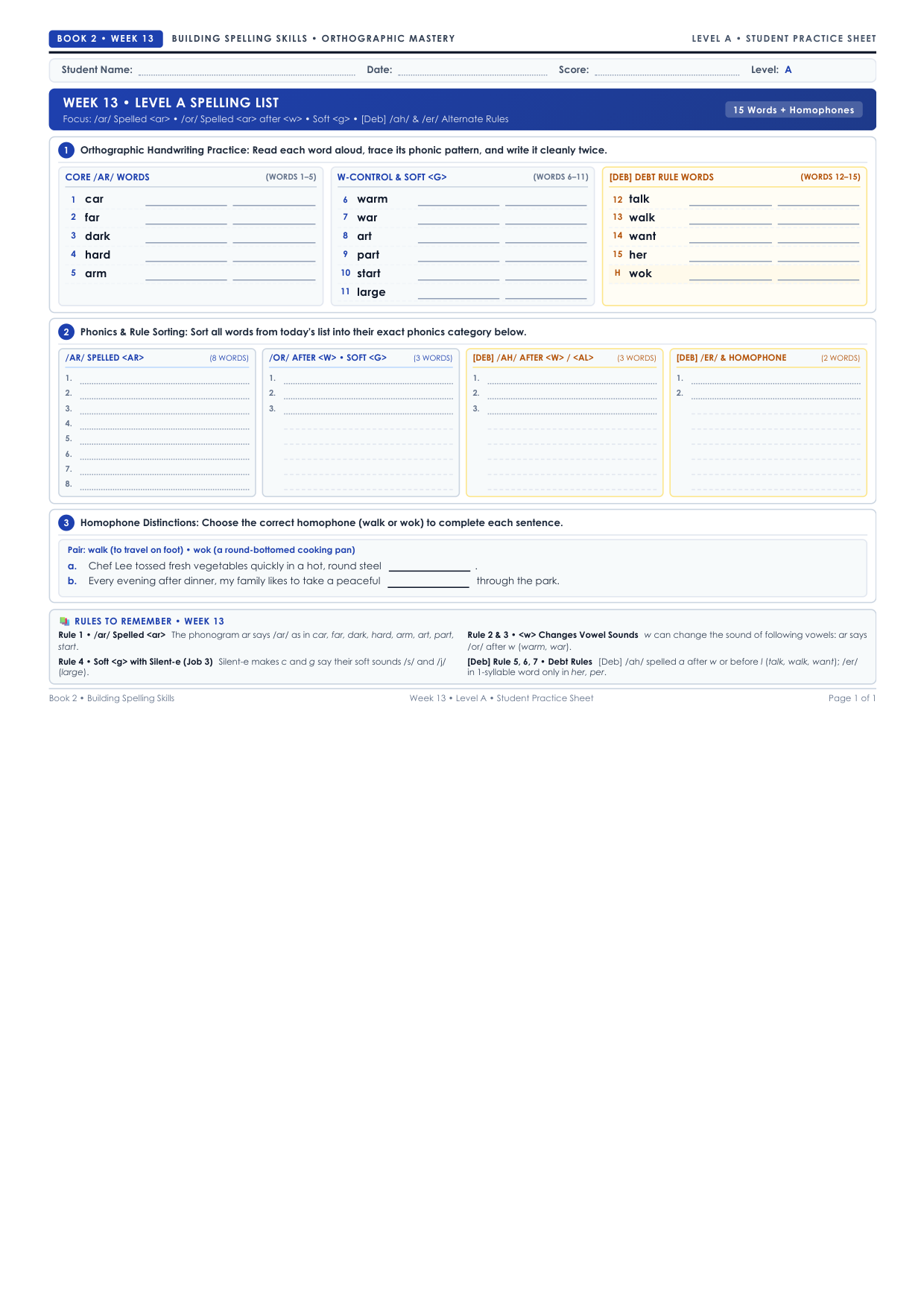 Book 2 Week 13 Level A Worksheet Preview