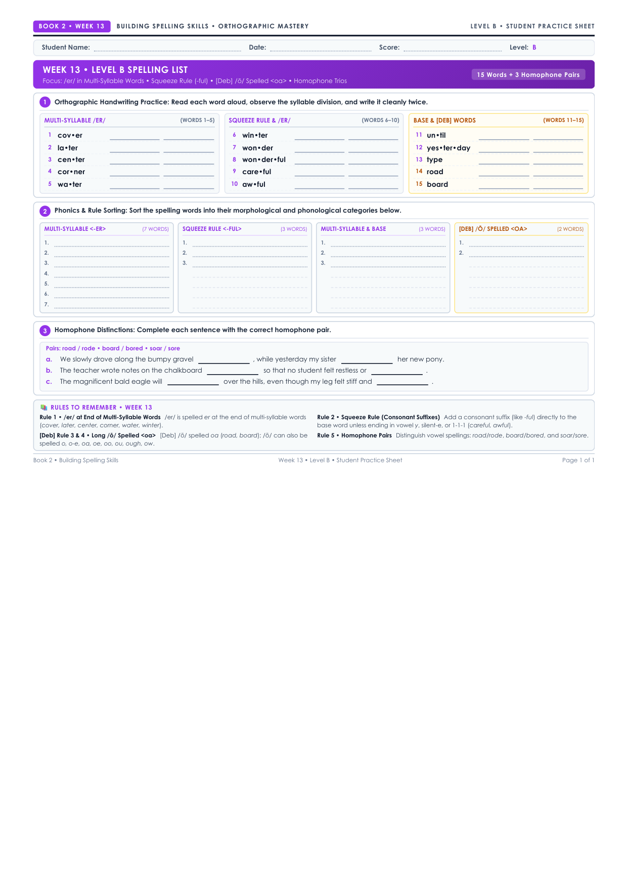 Book 2 Week 13 Level B Worksheet Preview