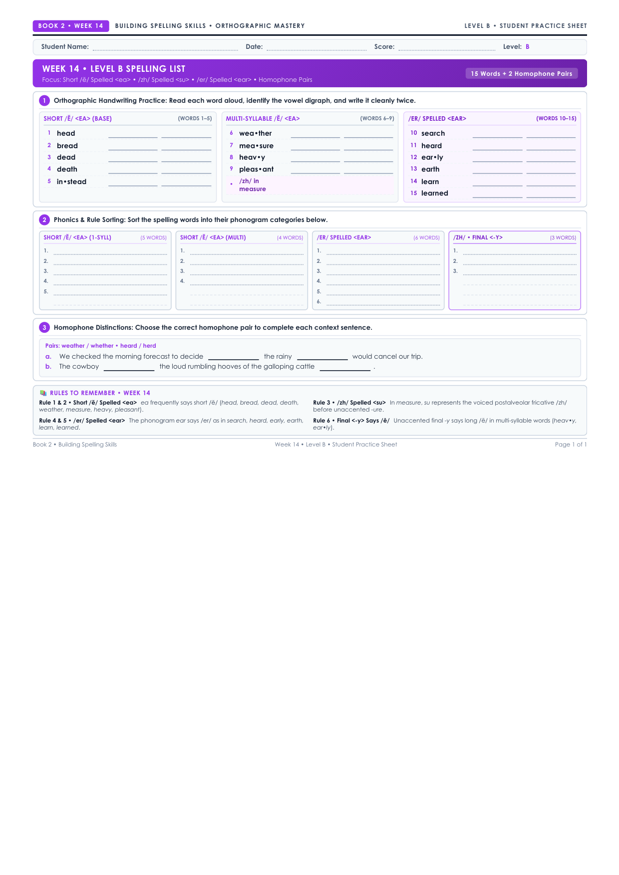 Book 2 Week 14 Level B Worksheet Preview