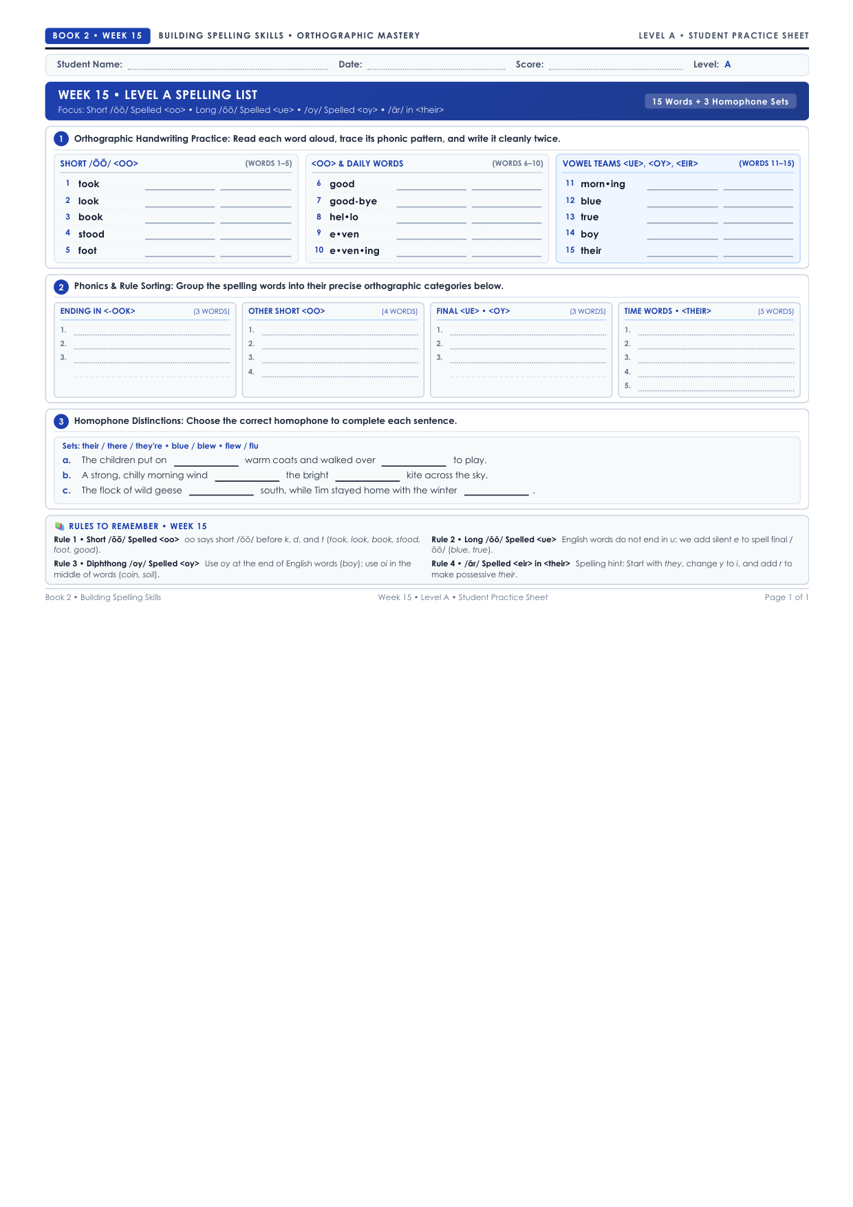 Book 2 Week 15 Level A Worksheet Preview