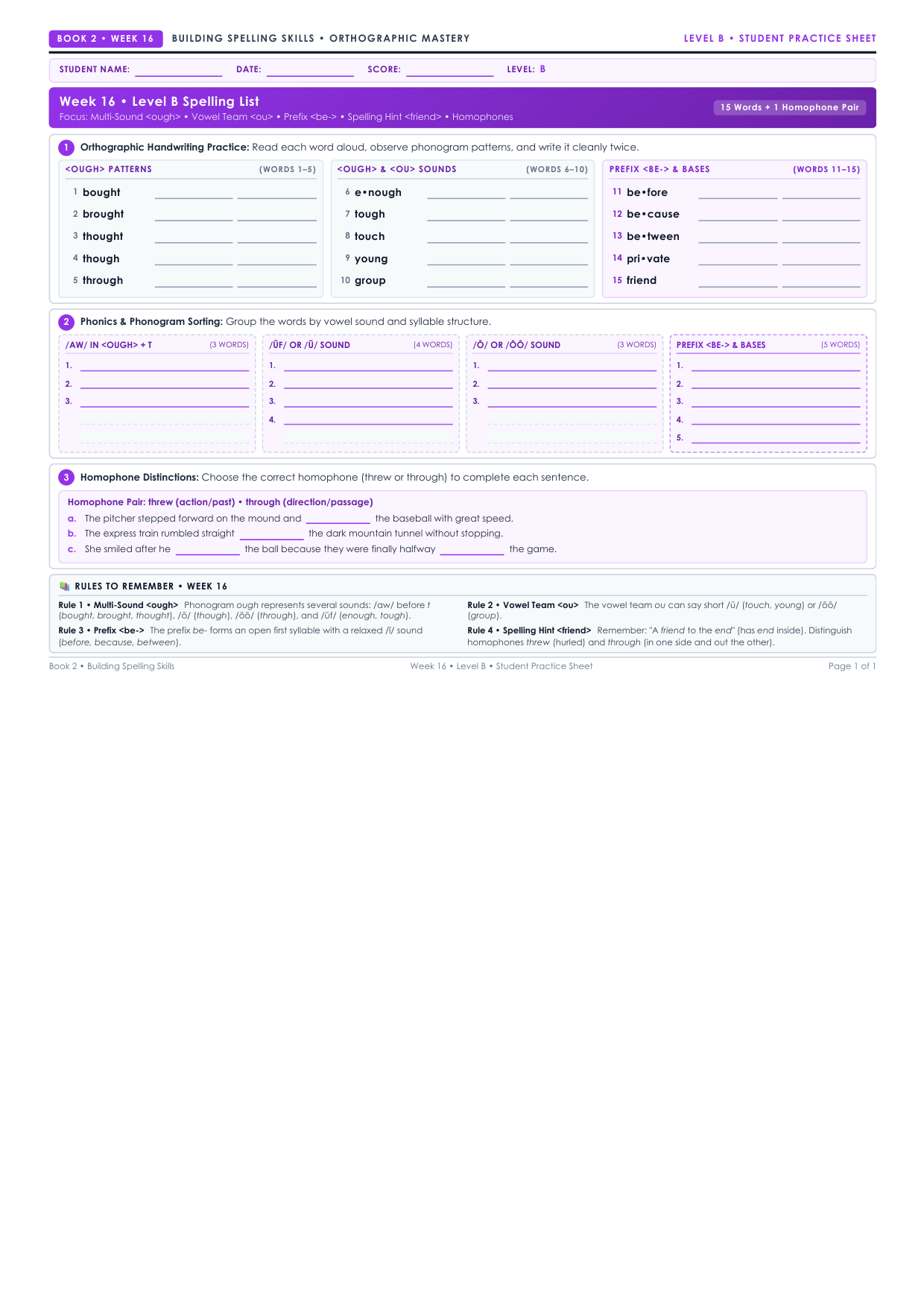 Book 2 Week 16 Level B Worksheet Preview