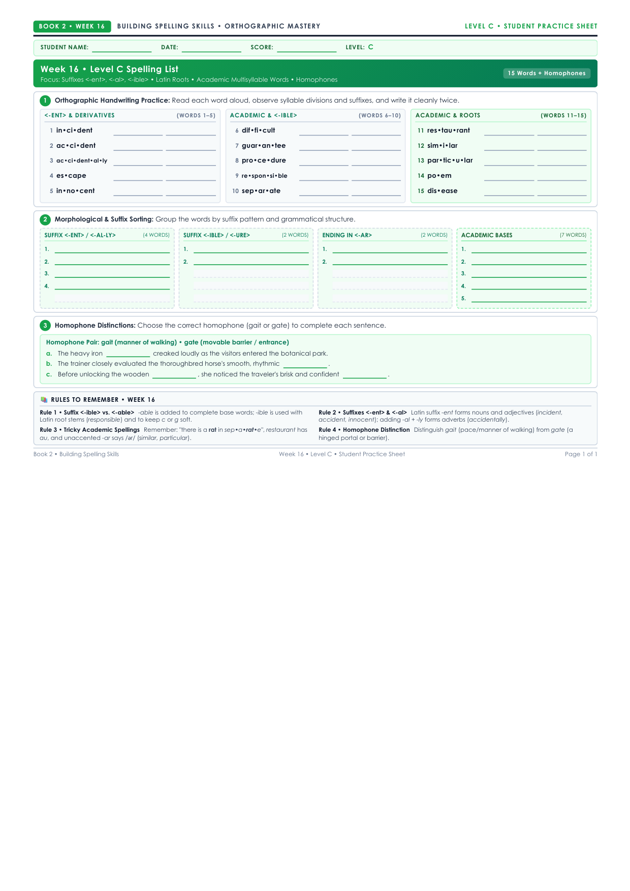 Book 2 Week 16 Level C Worksheet Preview