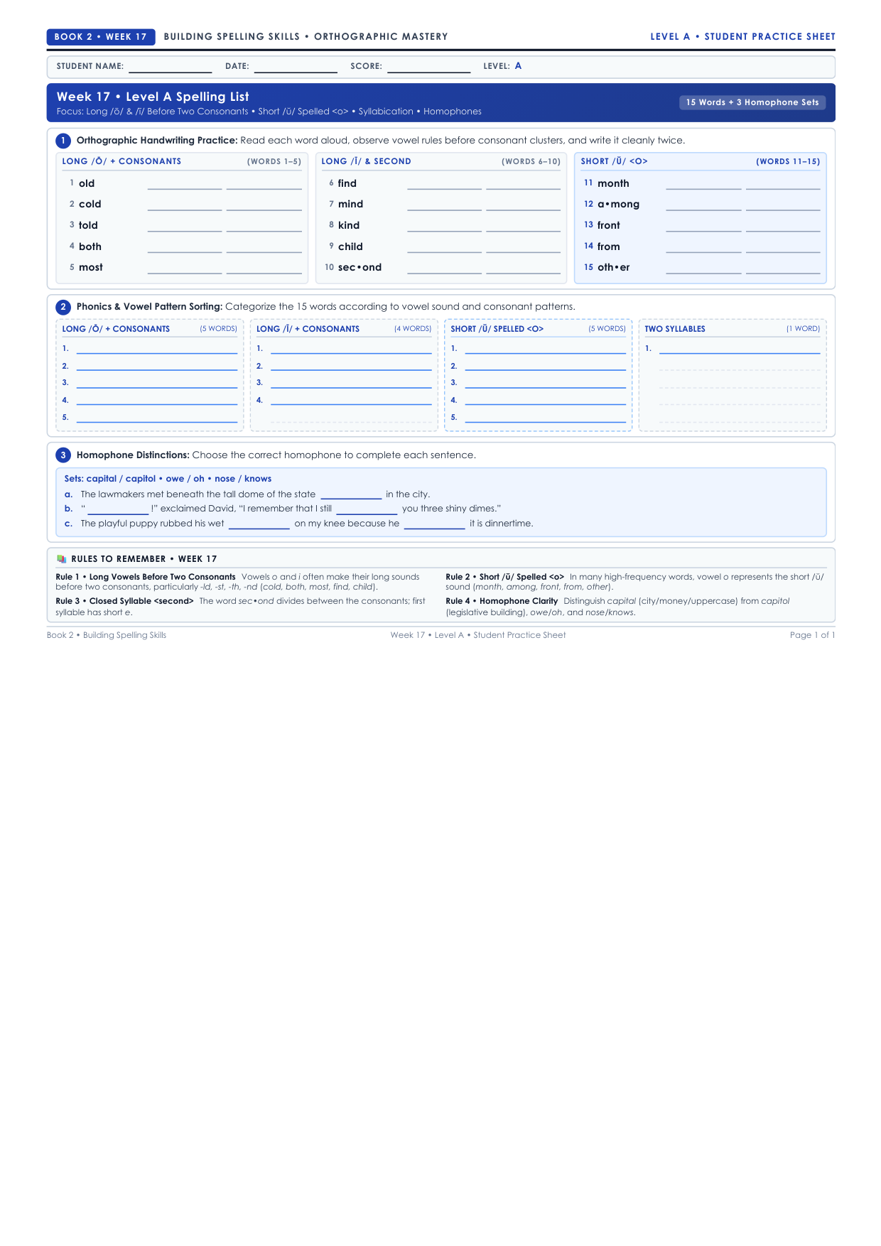 Book 2 Week 17 Level A Worksheet Preview