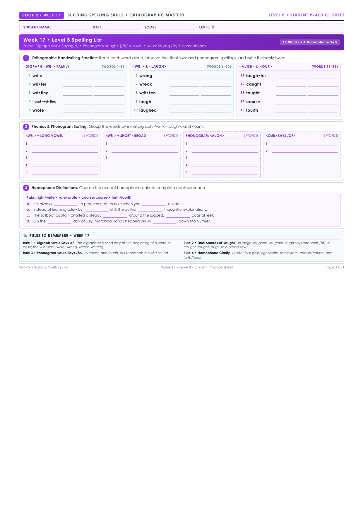 Book 2 Week 17 Level B Worksheet Preview