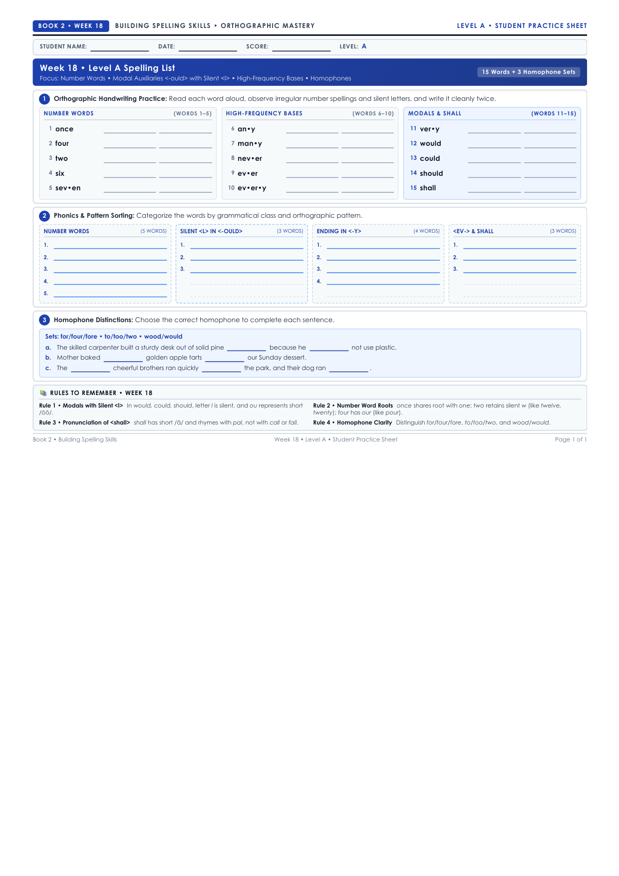 Book 2 Week 18 Level A Worksheet Preview