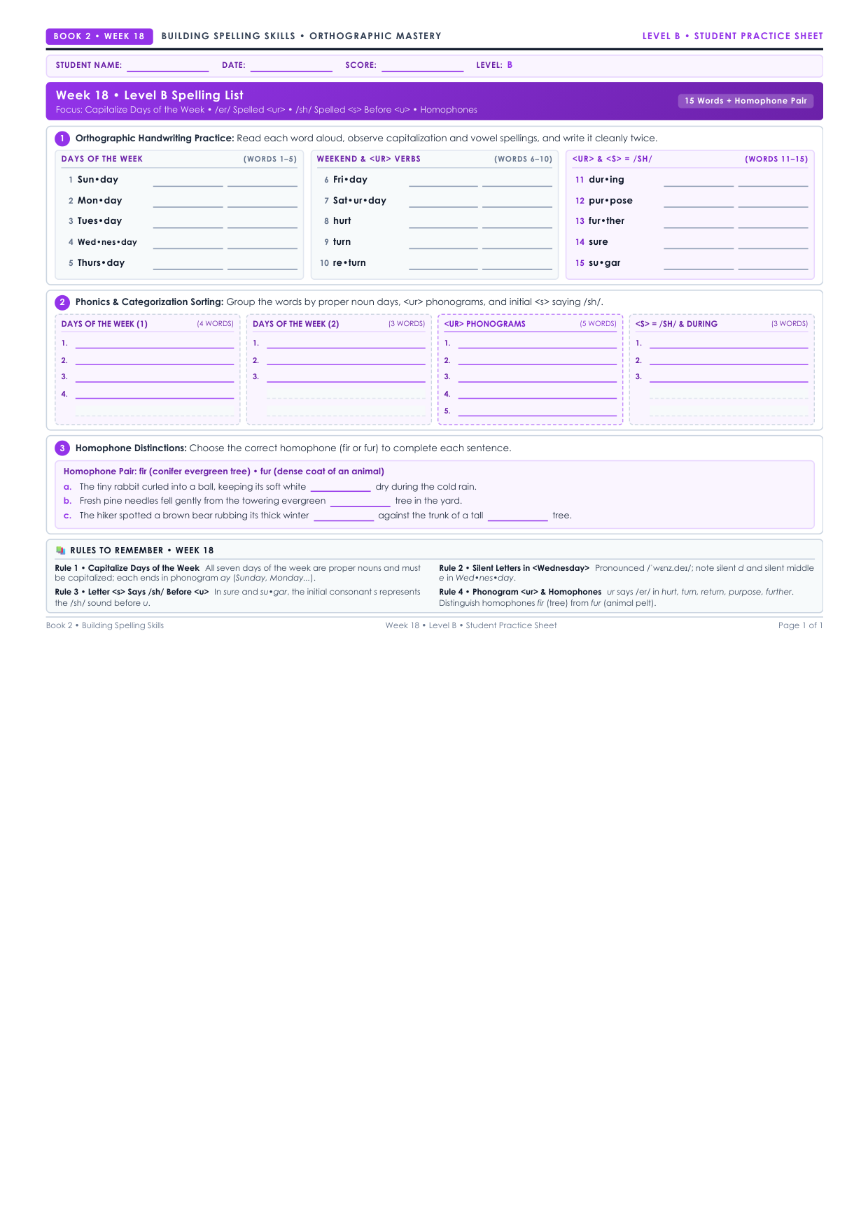 Book 2 Week 18 Level B Worksheet Preview
