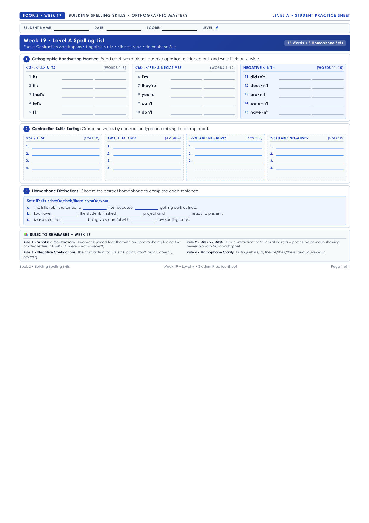 Book 2 Week 19 Level A Worksheet Preview