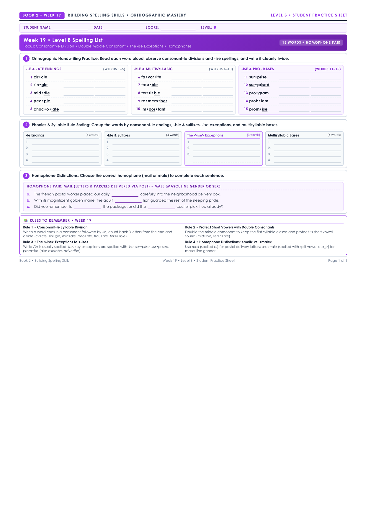 Book 2 Week 19 Level B Worksheet Preview