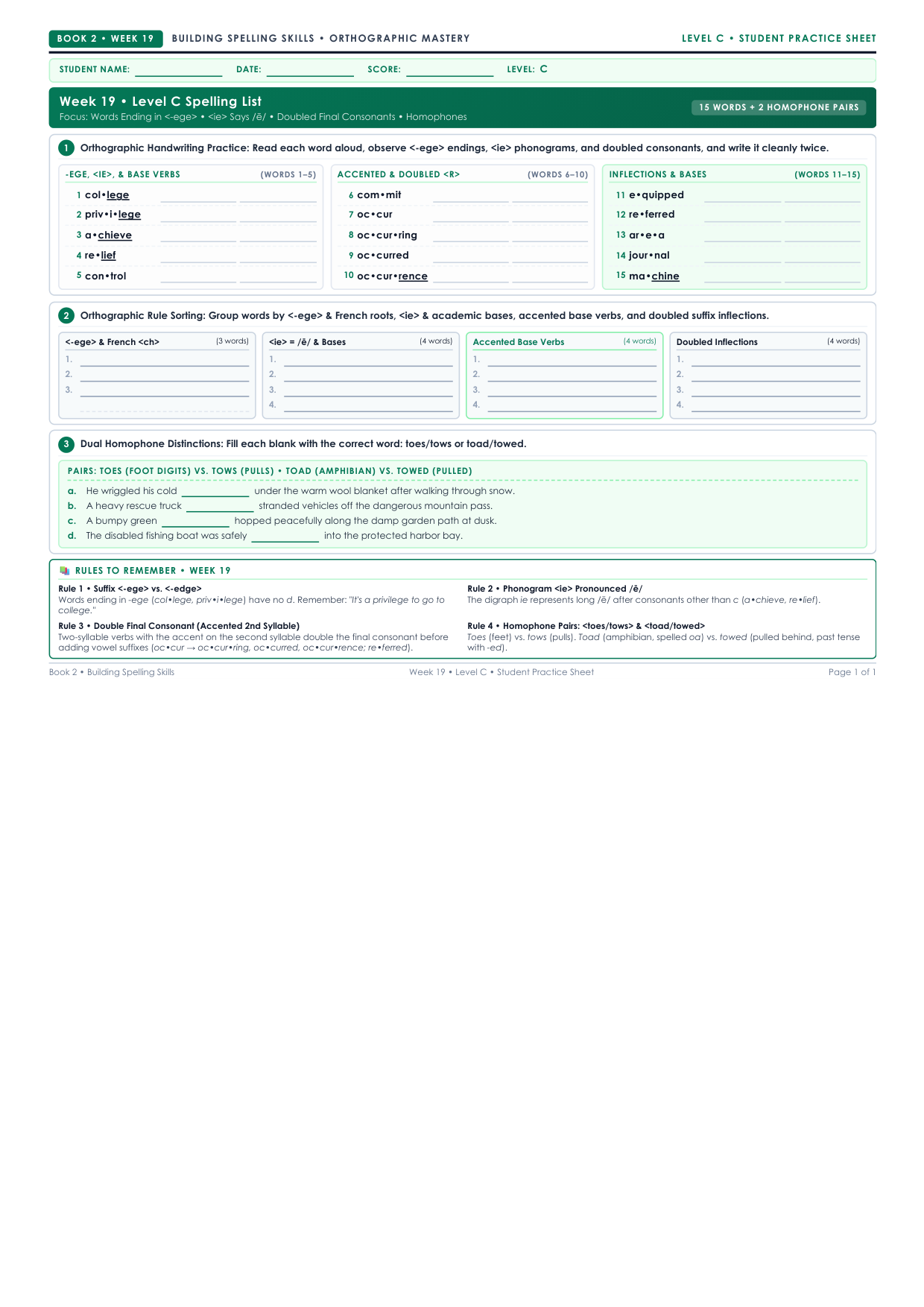 Book 2 Week 19 Level C Worksheet Preview