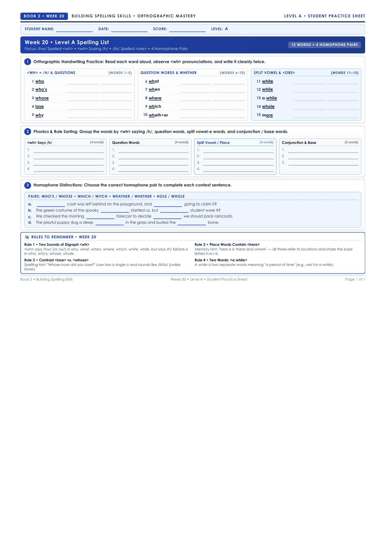 Book 2 Week 20 Level A Worksheet Preview