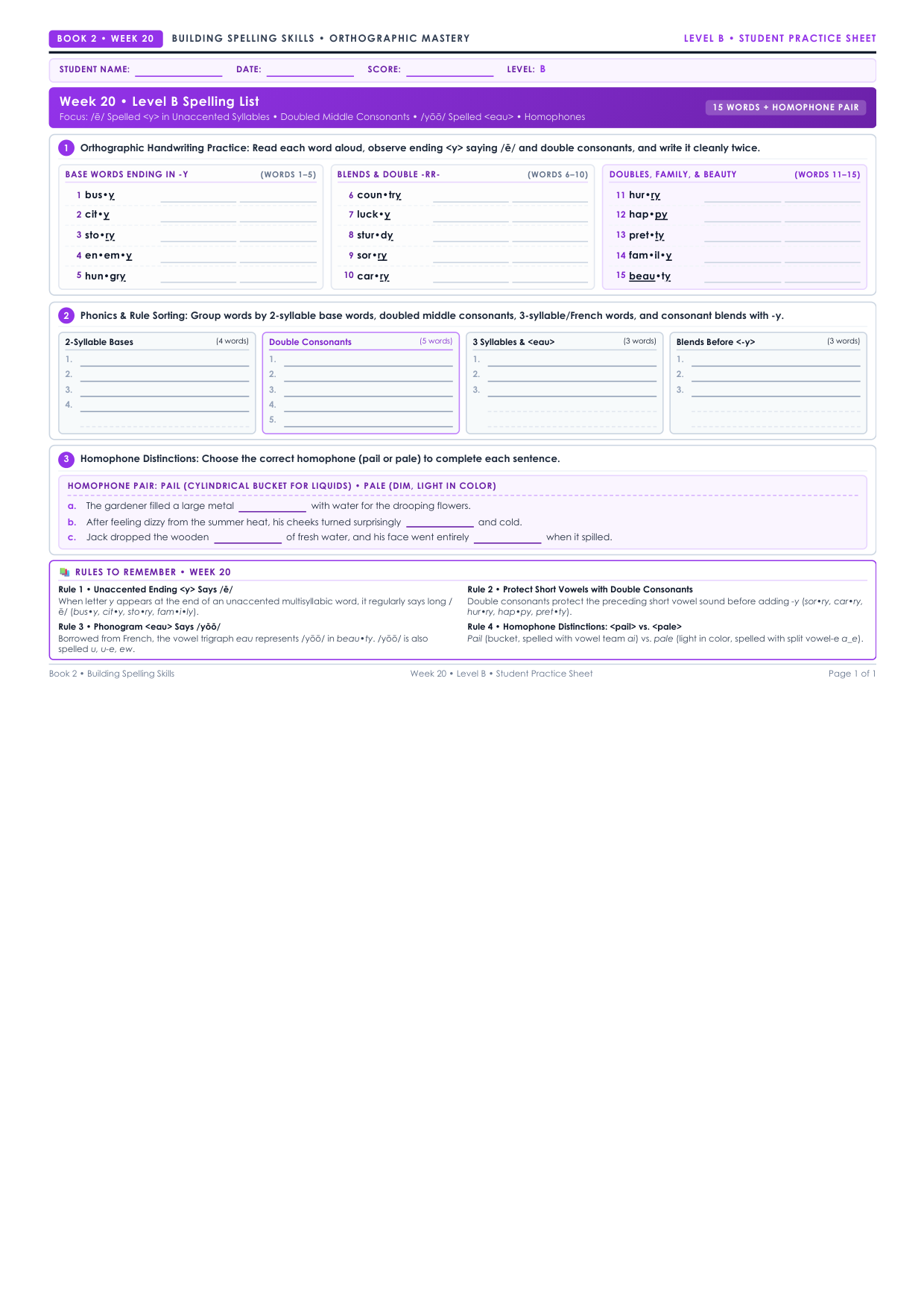 Book 2 Week 20 Level B Worksheet Preview
