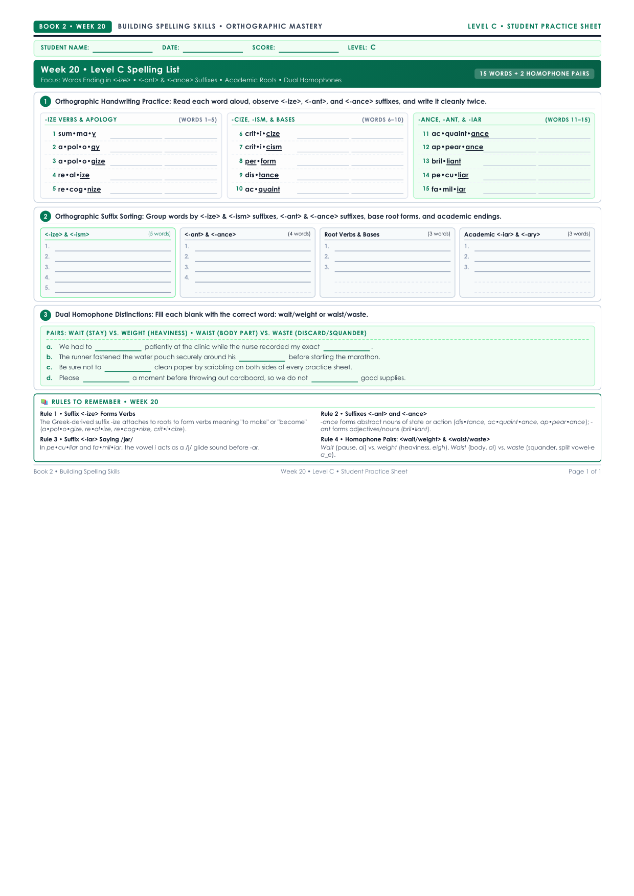 Book 2 Week 20 Level C Worksheet Preview