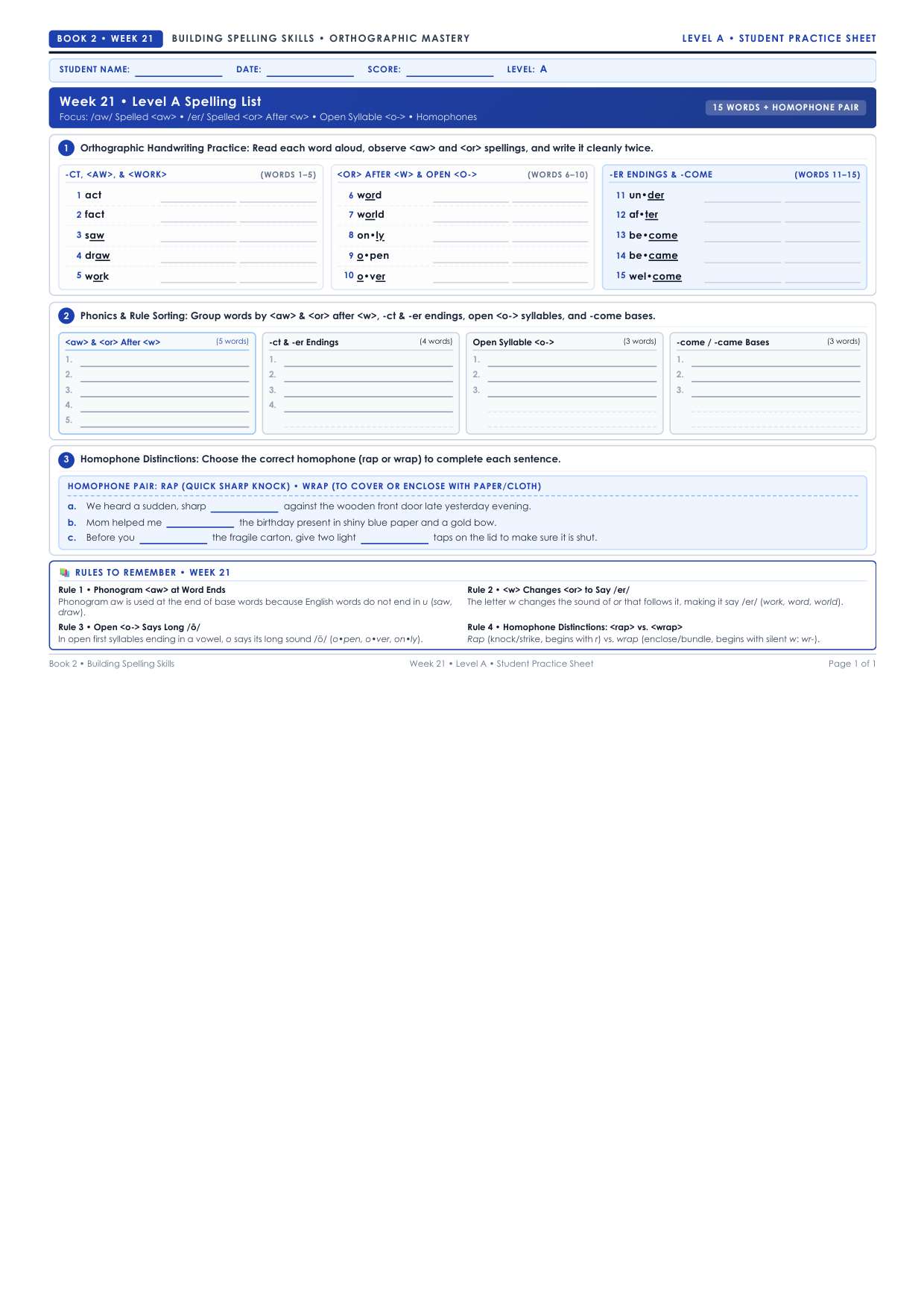 Book 2 Week 21 Level A Worksheet Preview