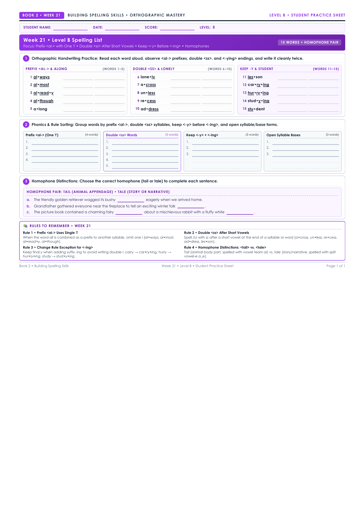 Book 2 Week 21 Level B Worksheet Preview