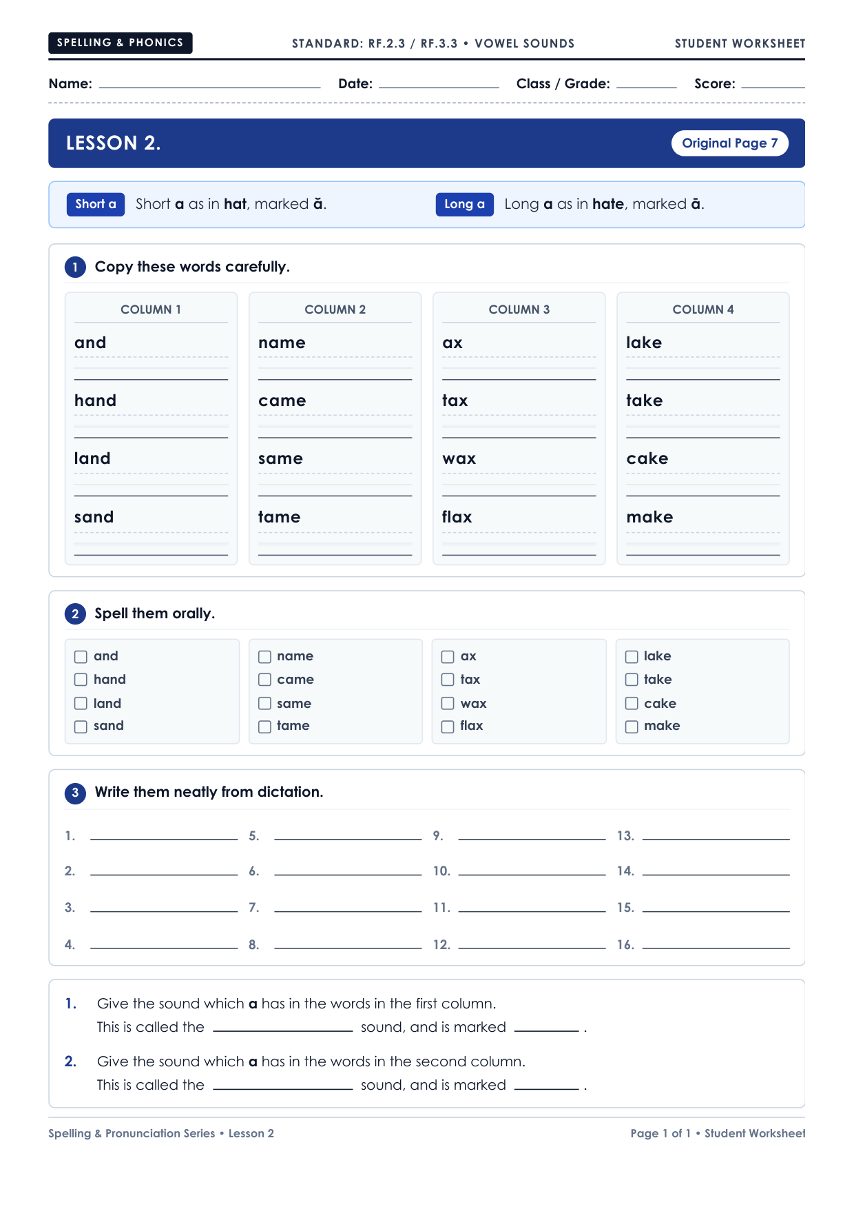 Lesson 2: Short a and Long a Worksheet