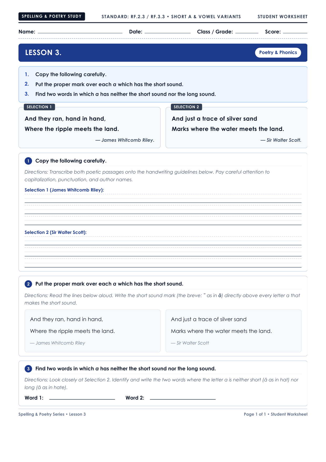 Lesson 3: Poetry and Vowel Study Worksheet