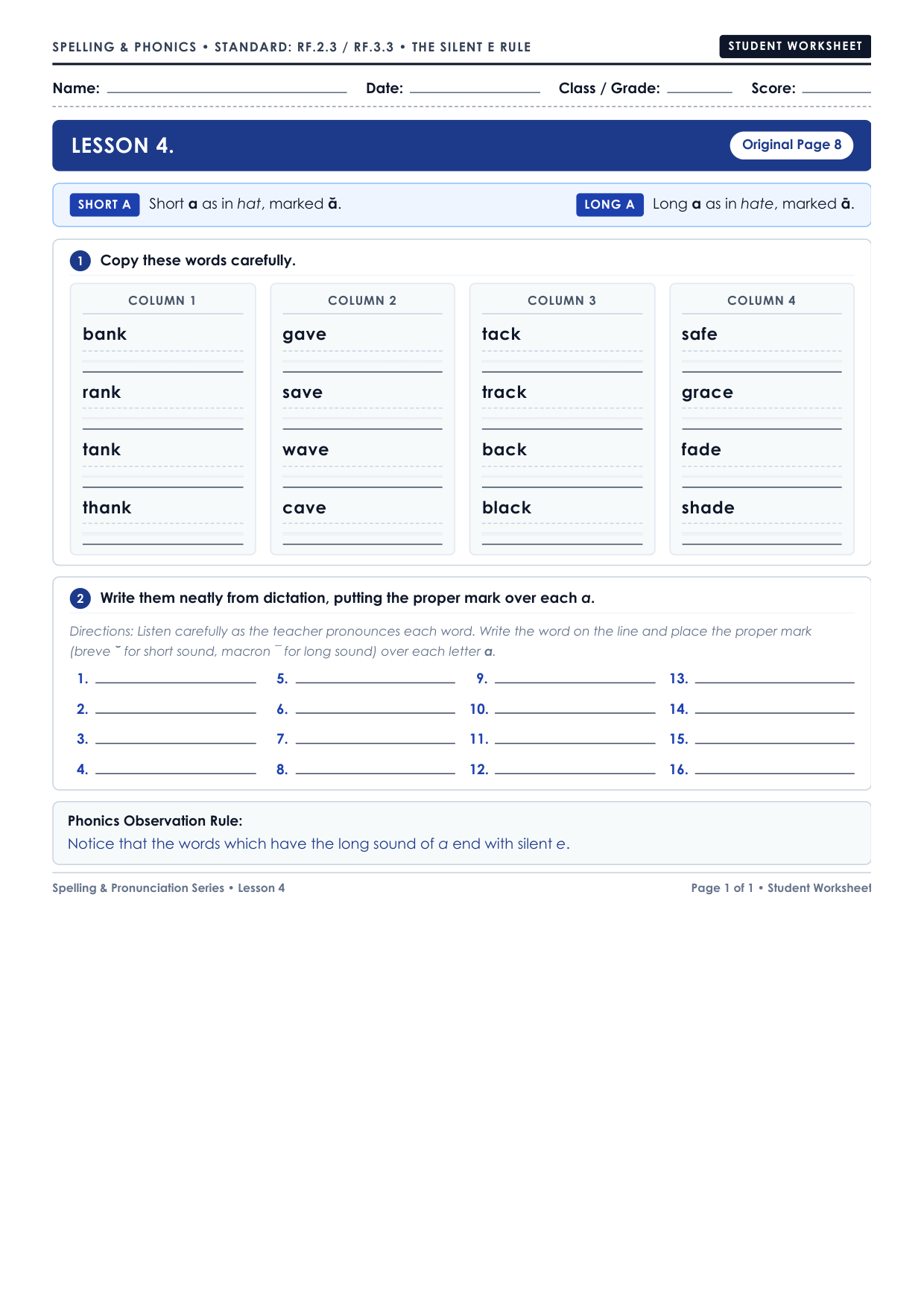 Lesson 4: Silent E and Vowel Sounds Worksheet