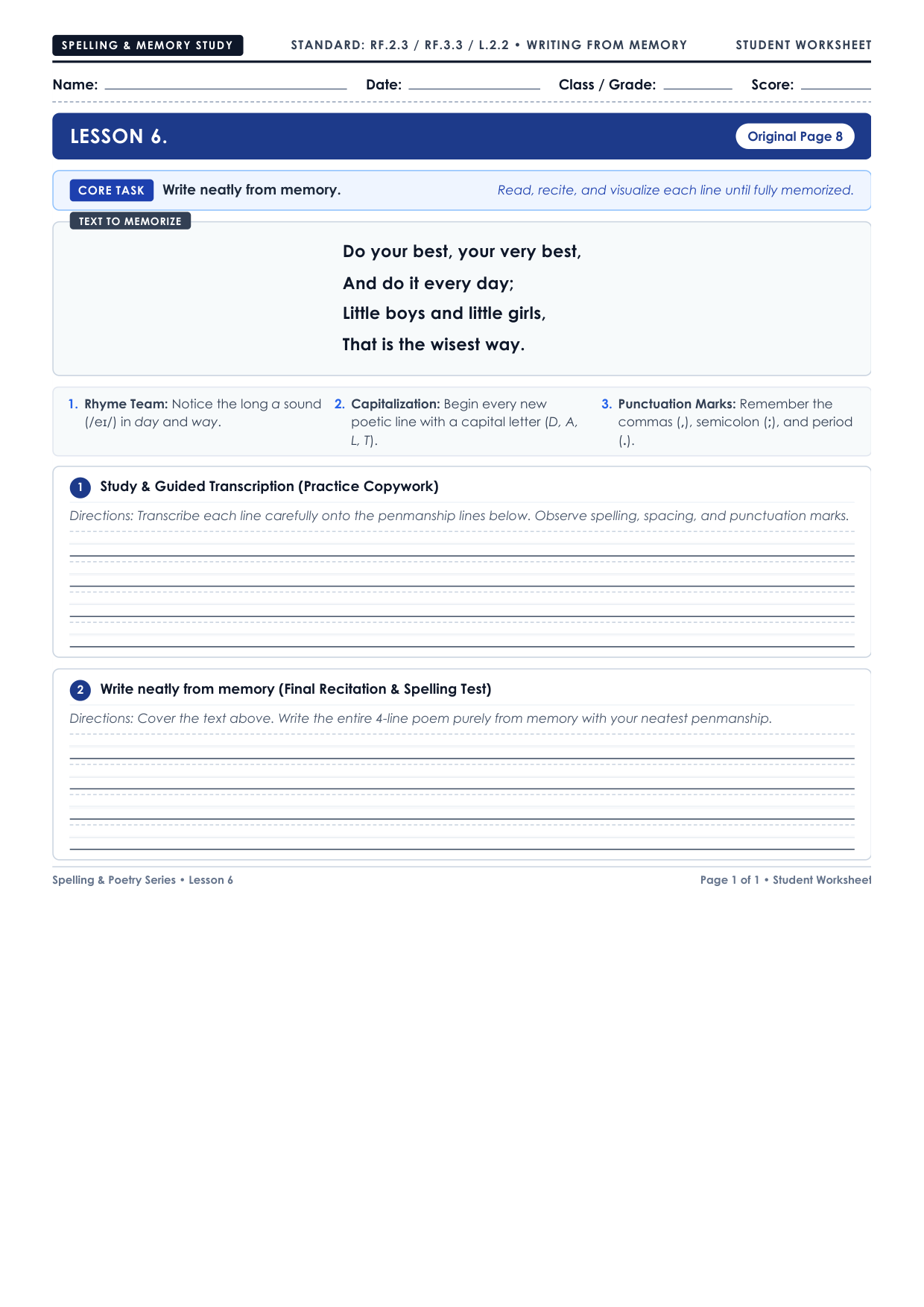 Lesson 6: Write Neatly from Memory Worksheet