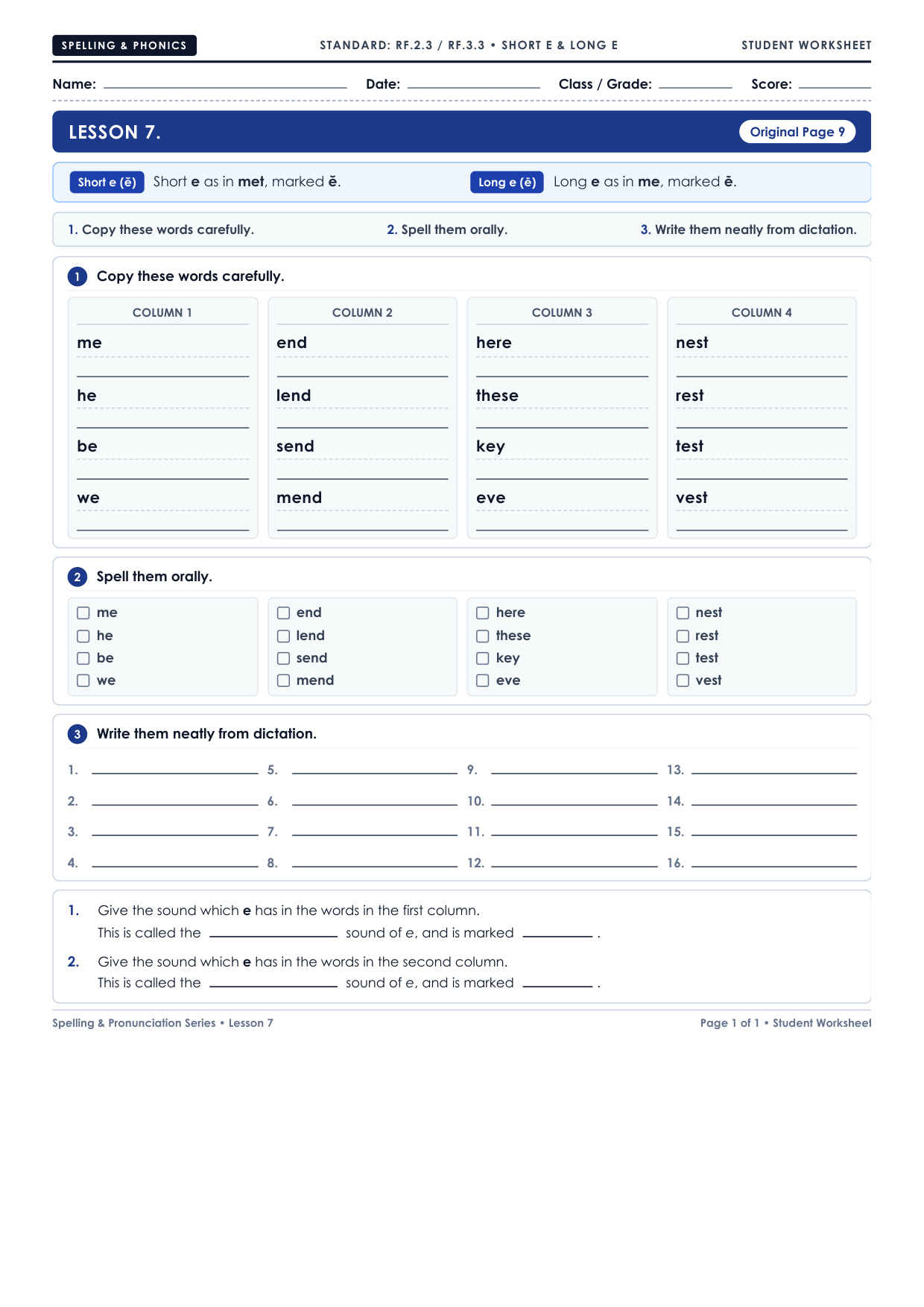 Lesson 7: Short e and Long e Worksheet