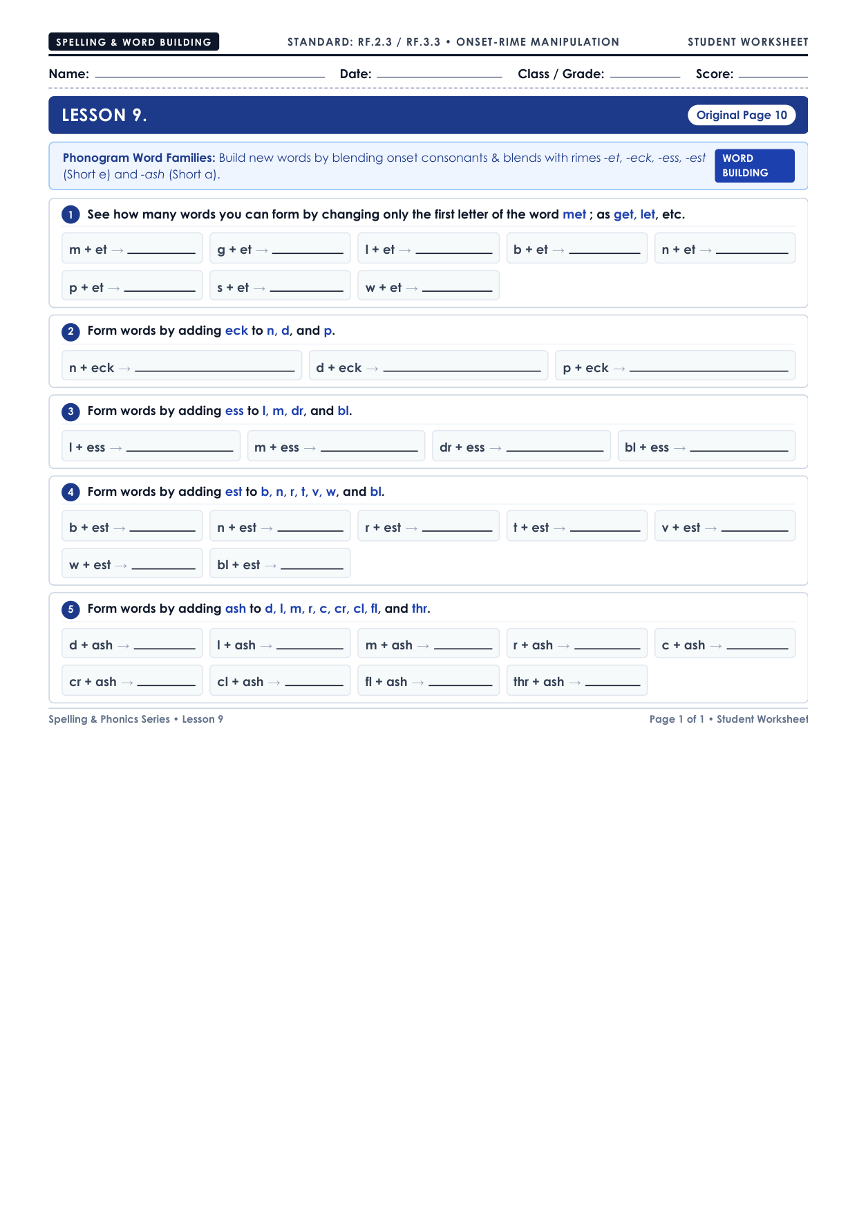 Lesson 9: Word Building and Onset-Rime Manipulation Worksheet