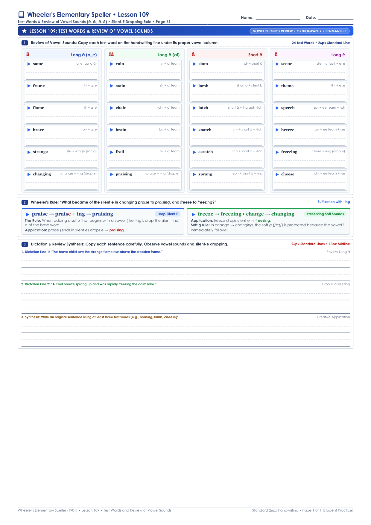 Lesson 109: Test Words & Review of Vowel Sounds Worksheet Preview