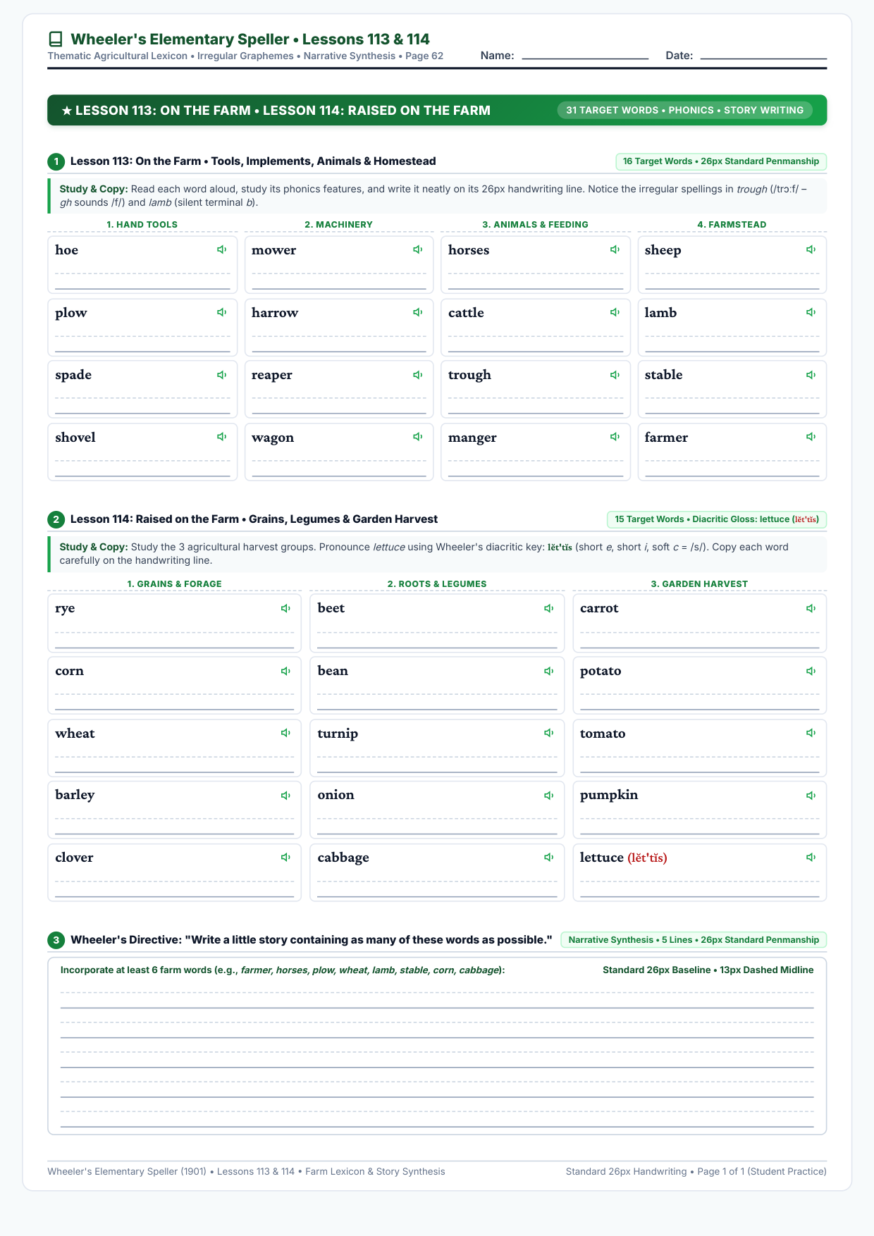 Lessons 113 & 114: On the Farm & Raised on the Farm Worksheet Preview