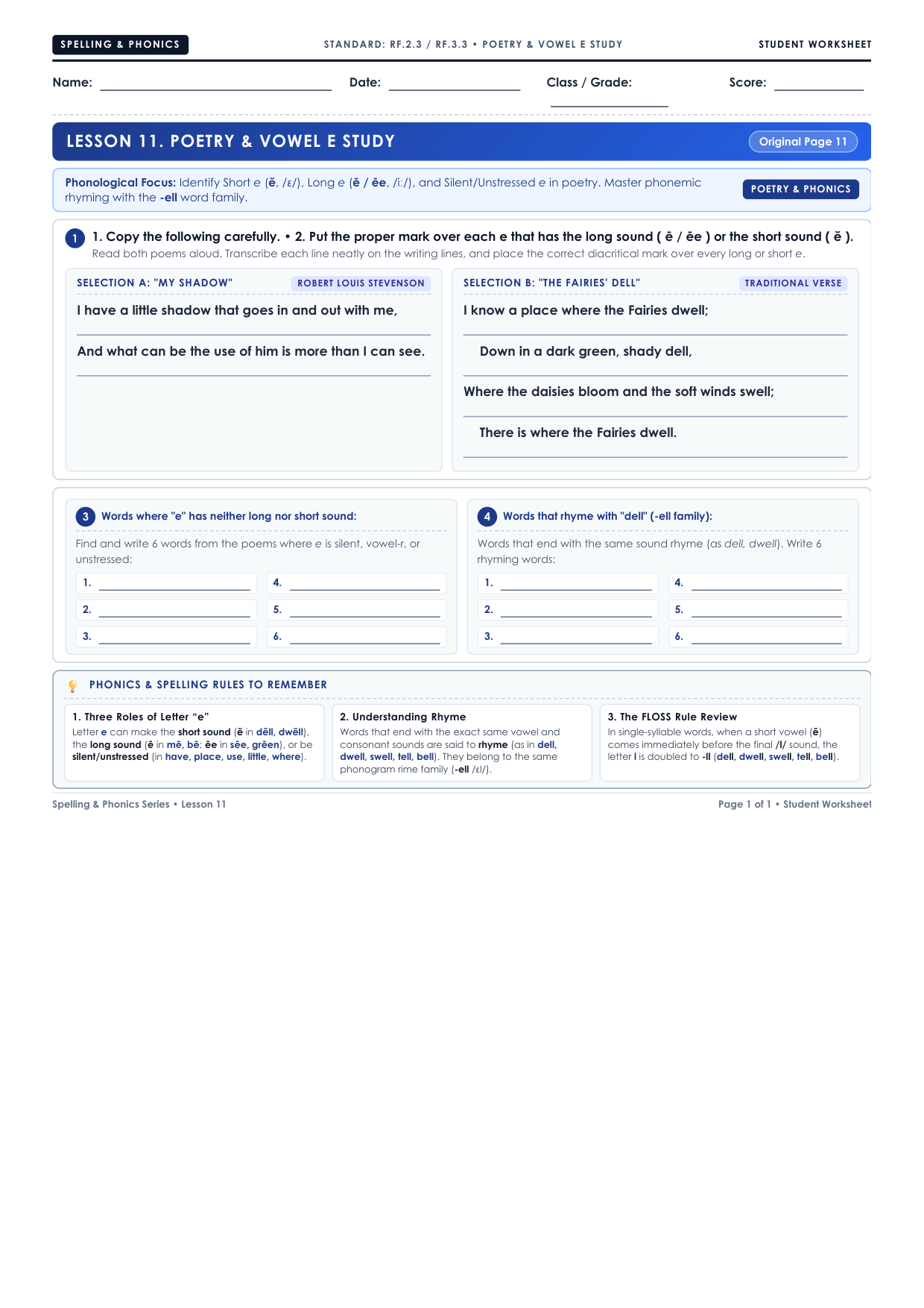 Lesson 11: Poetry and Vowel e Study Worksheet
