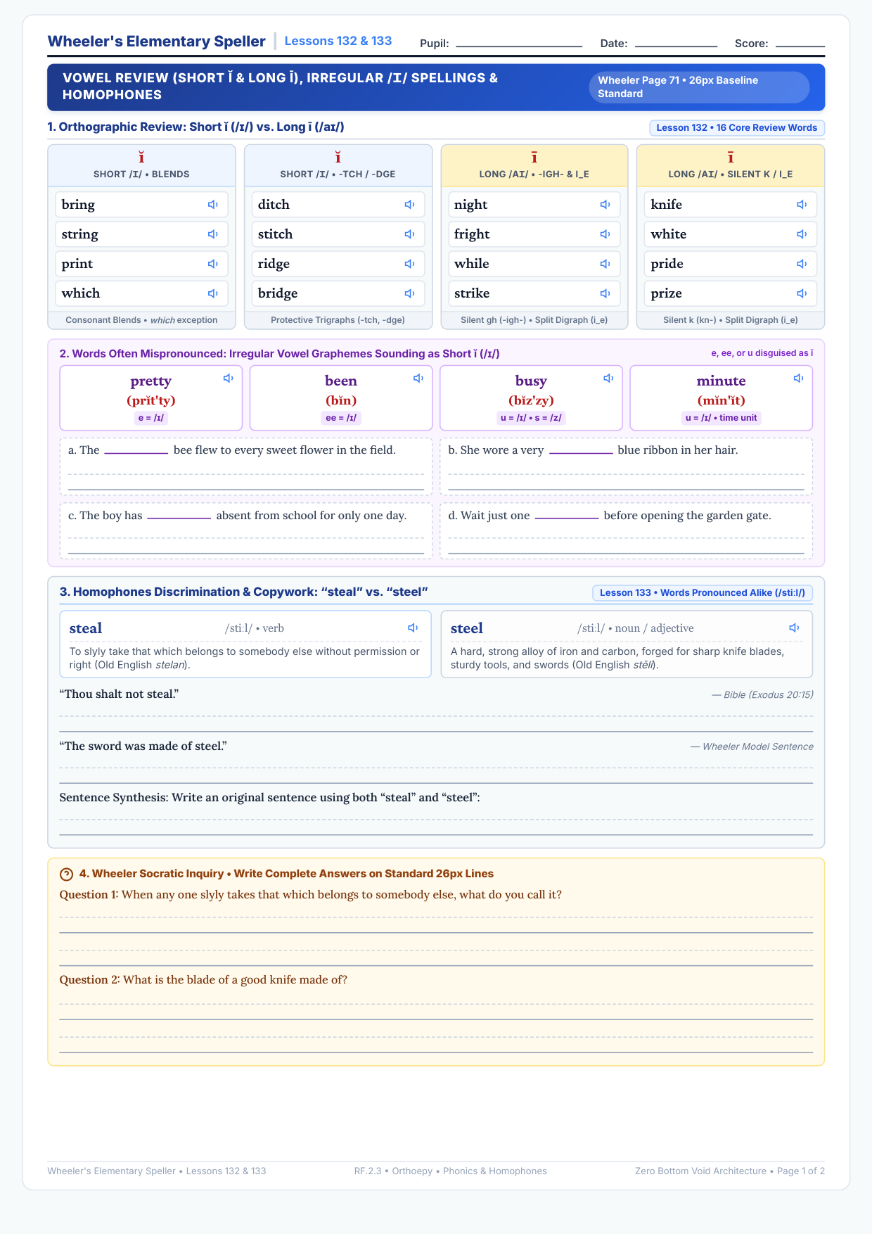 Lessons 132 & 133: Vowel Review, Irregular Short I & Homophones Steal/Steel Worksheet Preview