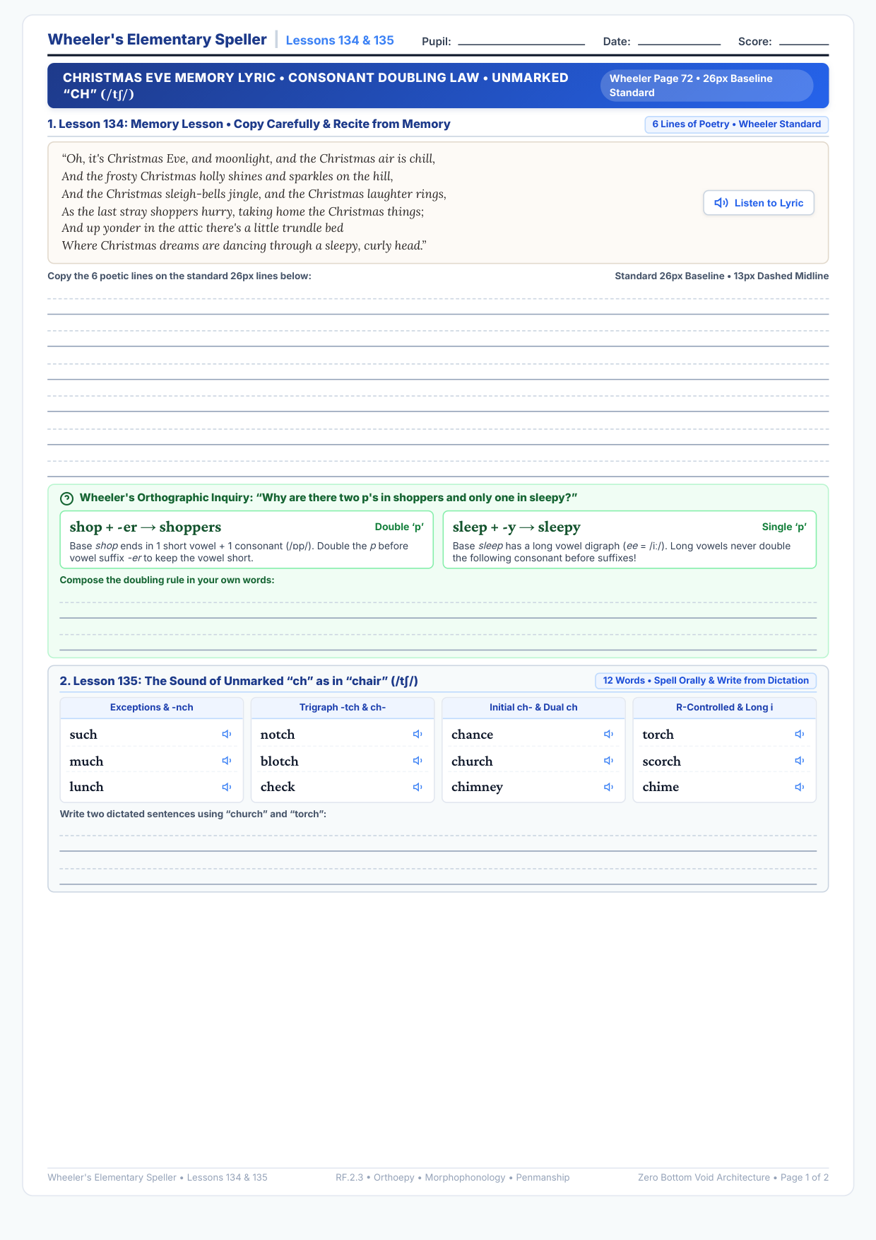 Lessons 134 & 135: Christmas Eve Memory Lyric, Consonant Doubling Law & Unmarked CH Worksheet Preview