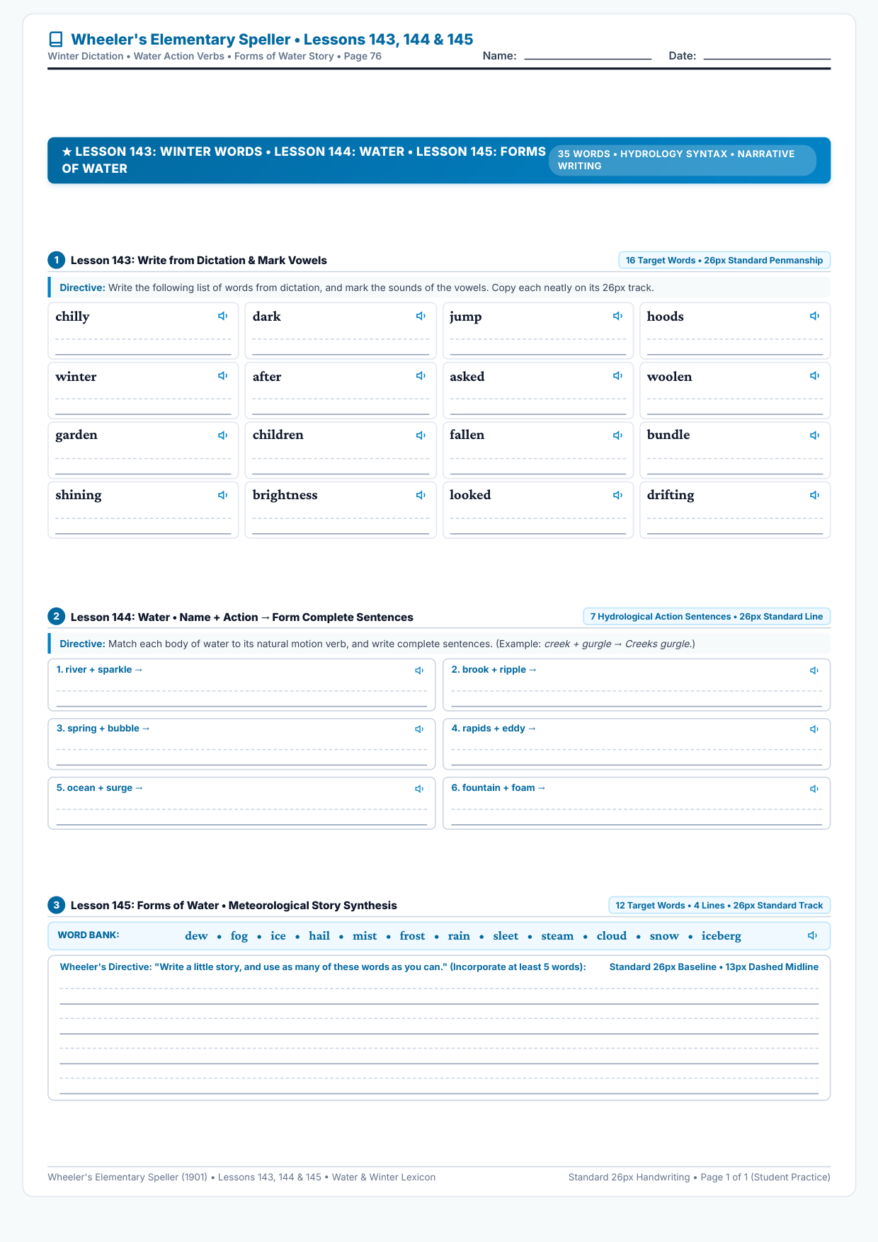 Lessons 143, 144 & 145: Winter Words, Water Names & Verbs, Forms of Water Worksheet Preview