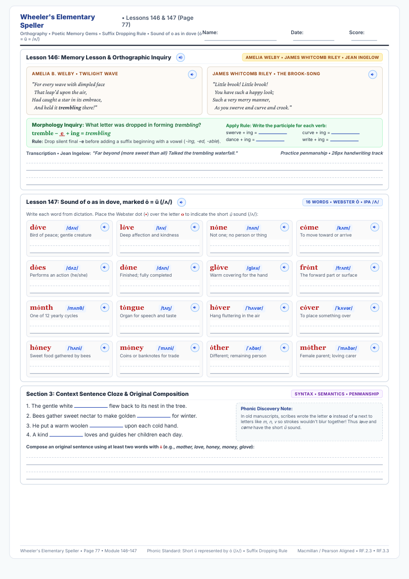 Lessons 146 & 147: Poetic Memory Gems & Short U Sound Spelled with O Worksheet Preview