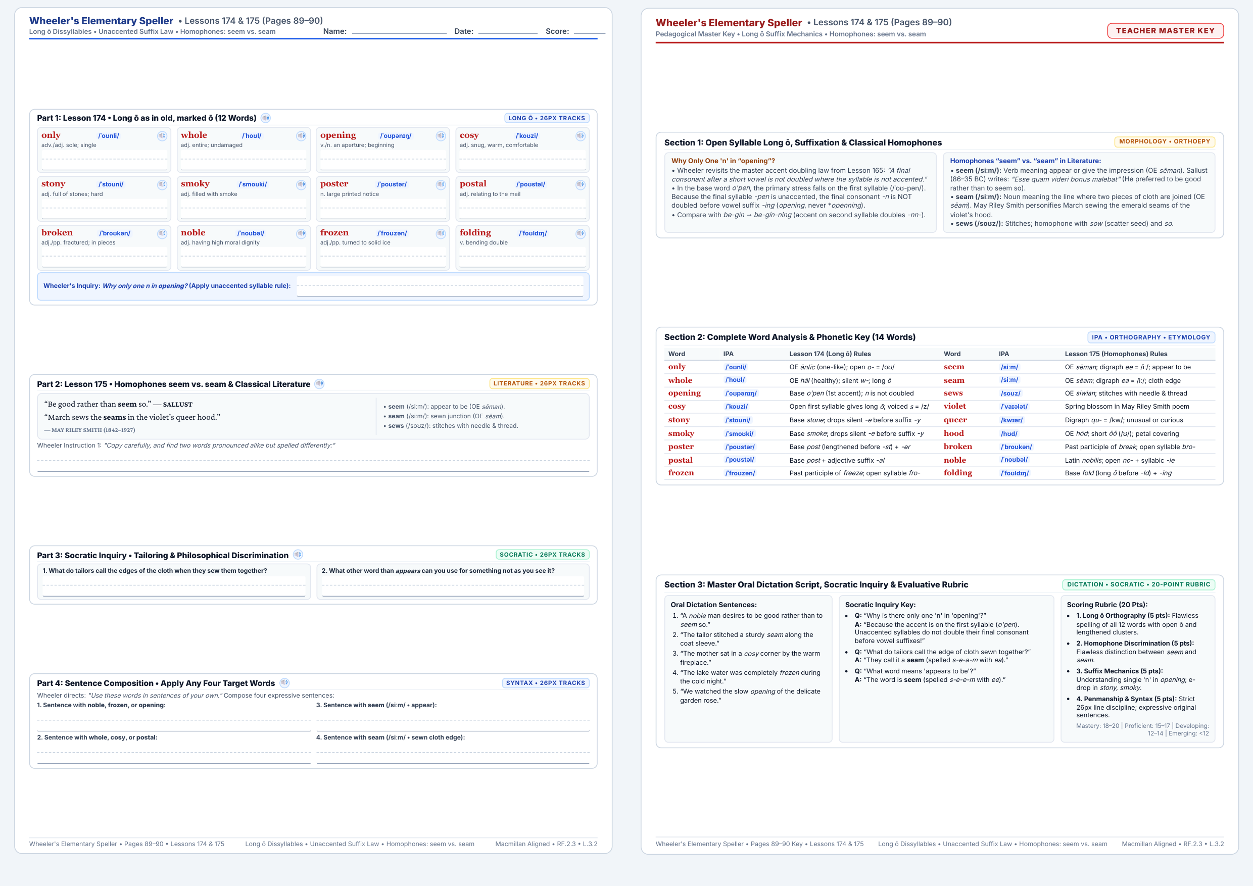 Lessons 174 & 175: Long ō Dissyllables & Homophones seem vs. seam Worksheet Preview