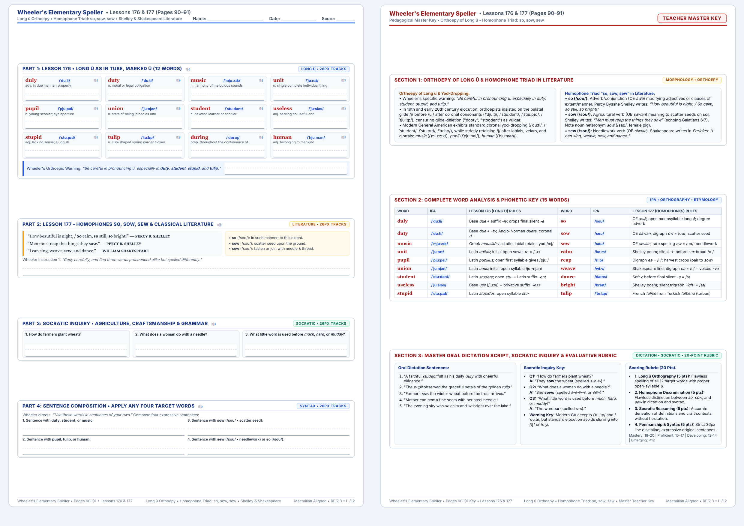 Lessons 176 & 177: Long ū Orthoepy & Homophone Triad so, sow, sew Worksheet Preview