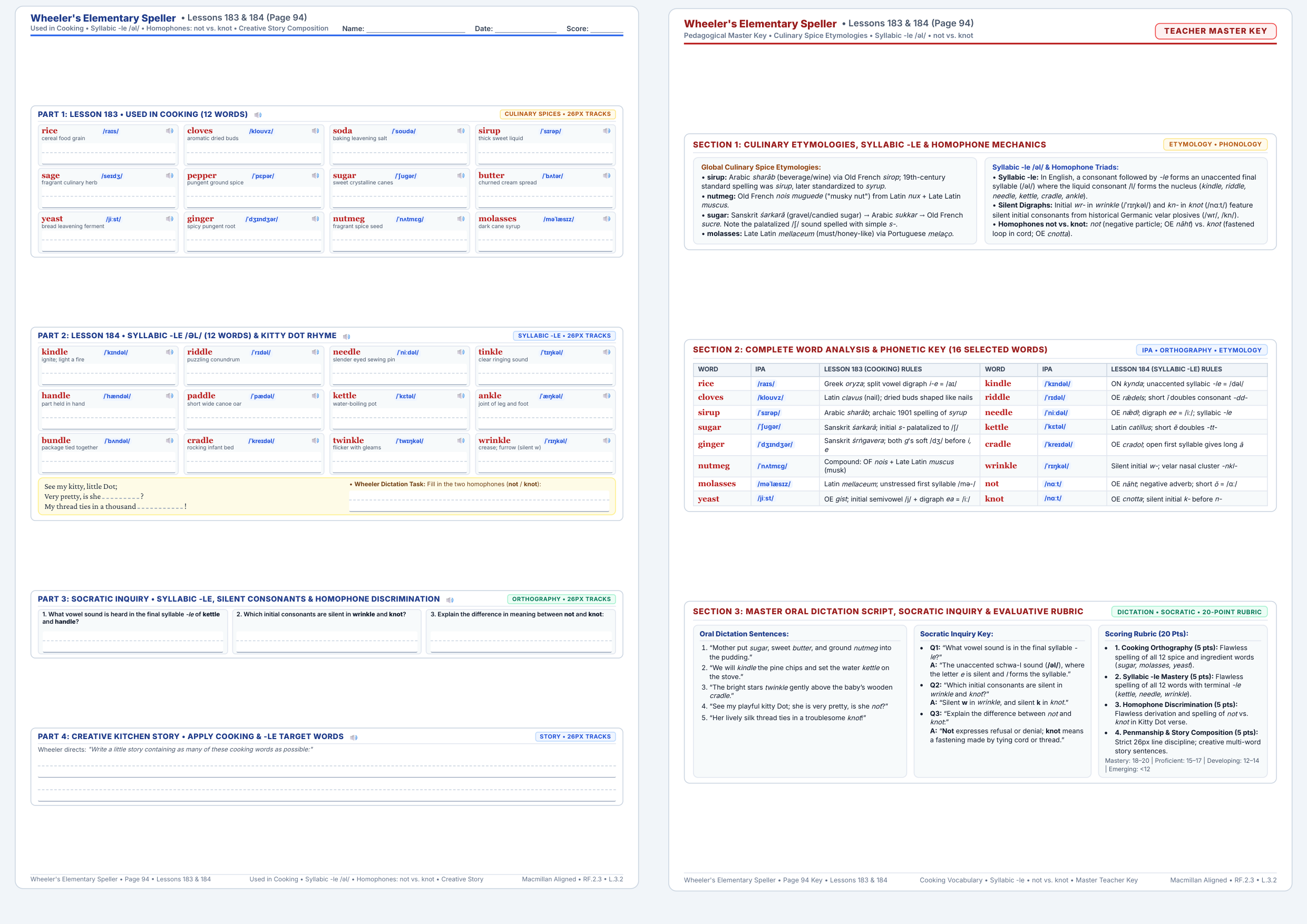 Lessons 183 & 184: Cooking, Syllabic -le & Homophones not / knot Worksheet Preview