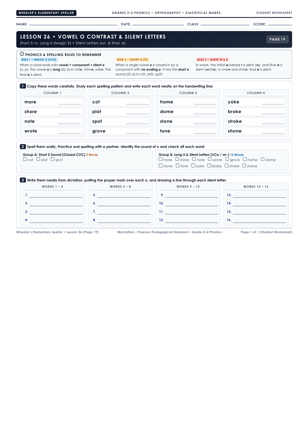 Lesson 26: Vowel O Contrast & Silent Letters Worksheet