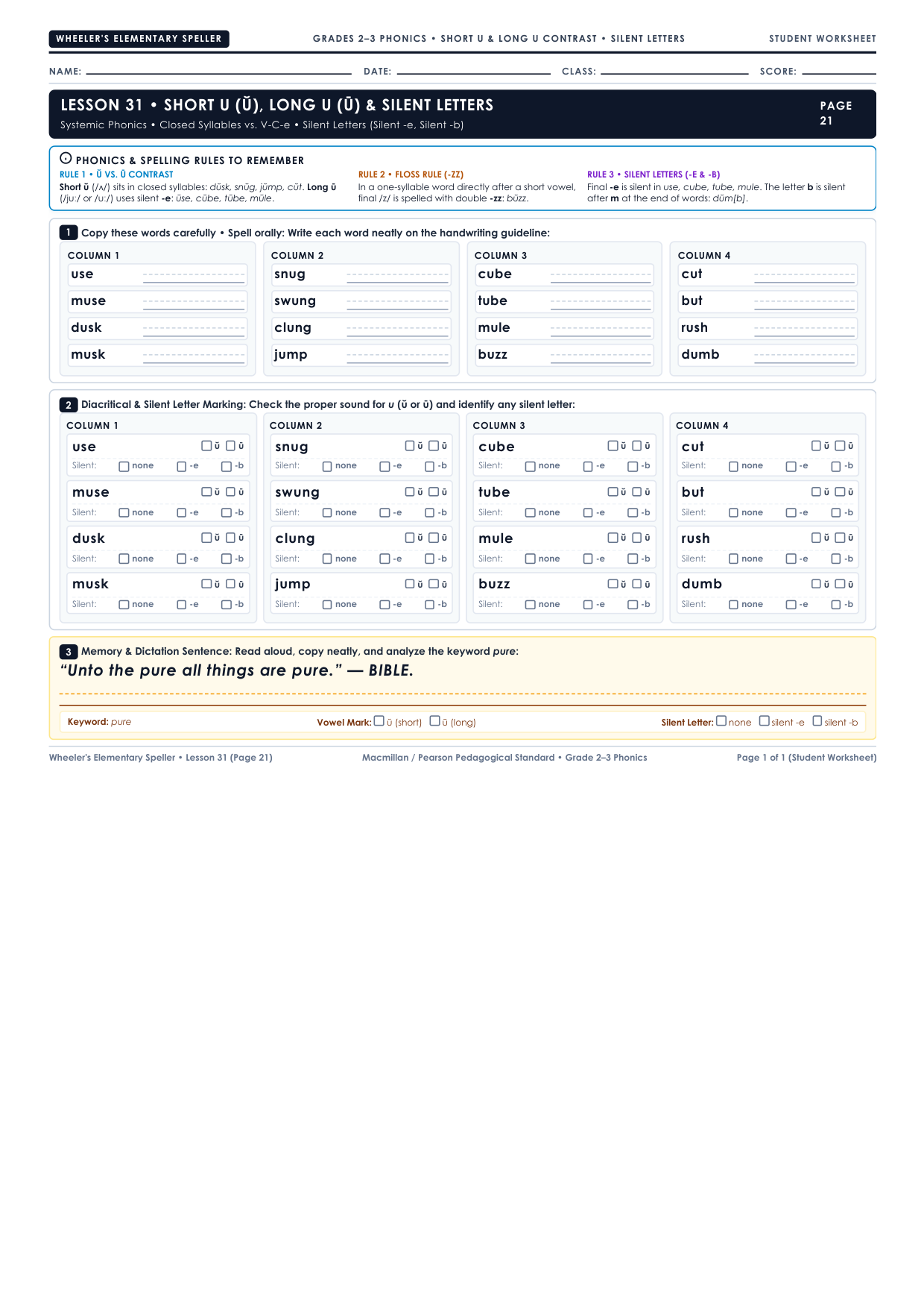 Lesson 31: Short u, Long u & Silent Letters Worksheet