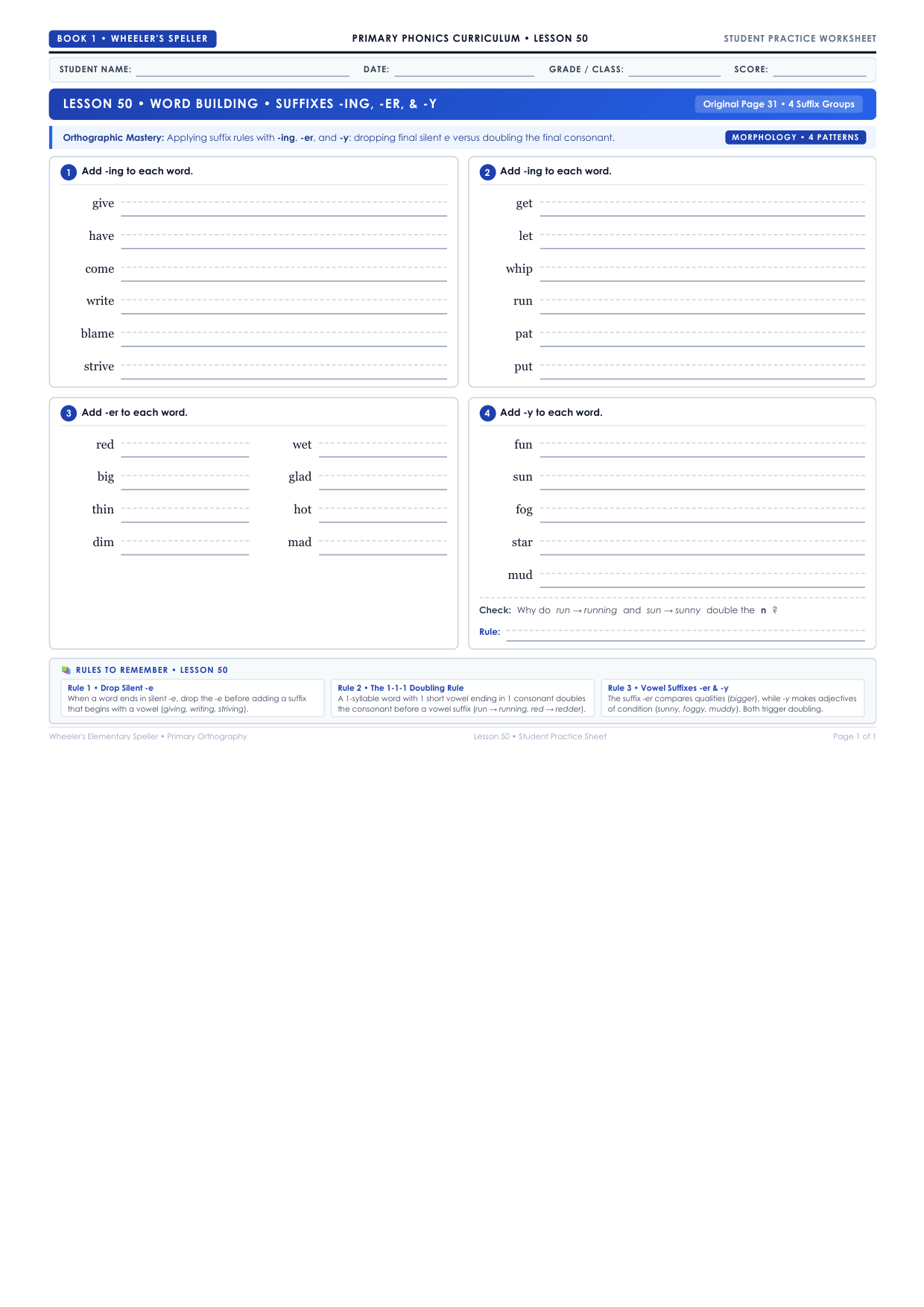 Lesson 50: Word Building (Suffixes -ing, -er, -y) Worksheet