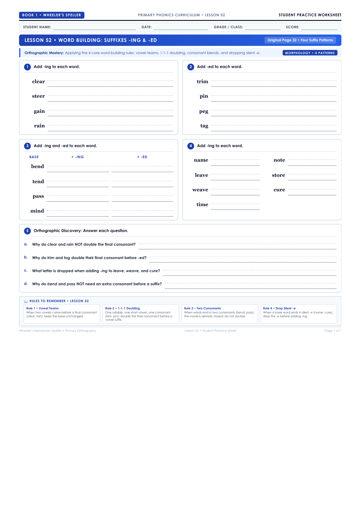 Lesson 52: Word Building (Suffixes -ing and -ed) Worksheet